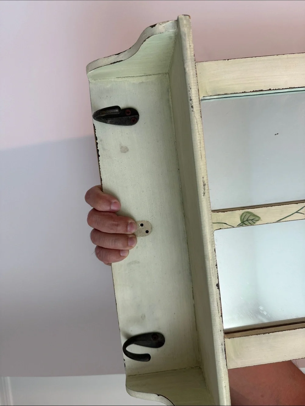 Hand-Painted Cottage Wall Mirror Shelf in Cream and Green
